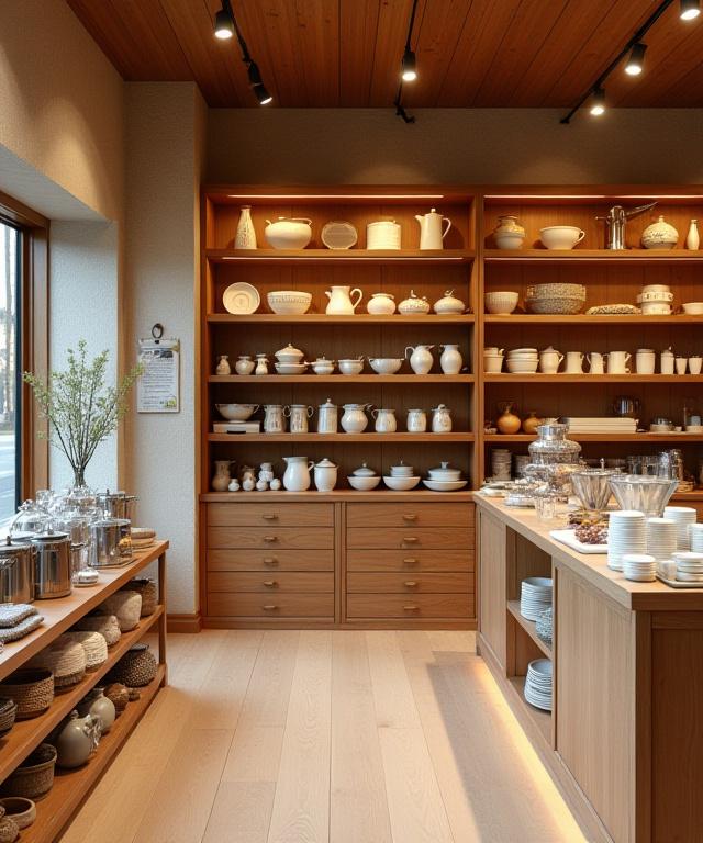 Interno del negozio Gea Pentole con scaffali in legno pieni di ceramiche e utensili da cucina.