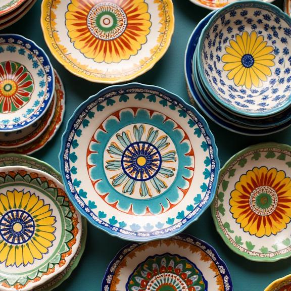 Piatti e ciotole in ceramica di Caltagirone con decorazioni tradizionali.
